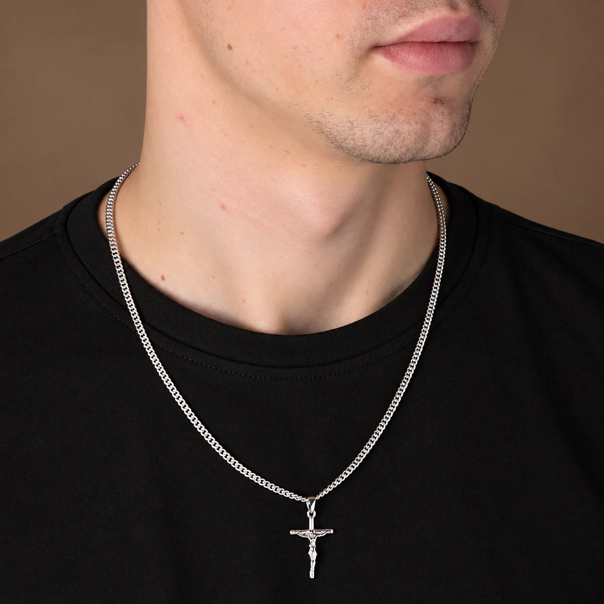 Łańcuszek Pancerka (Cuban) 3mm z krzyżykiem - Srebrny
