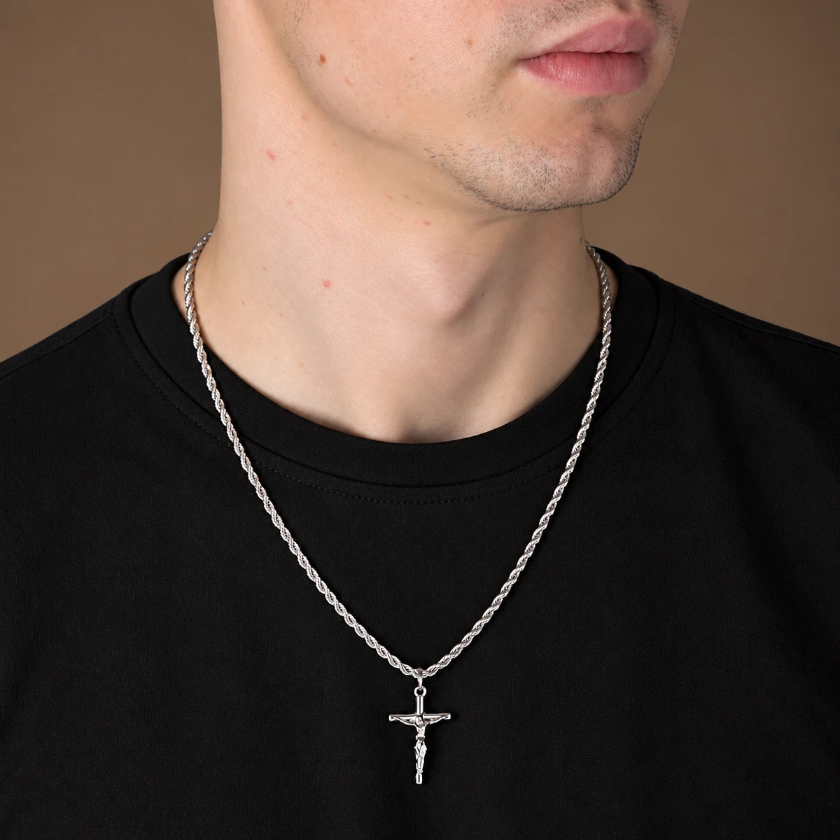 Łańcuszek Rope 3mm z krzyżykiem - Srebrny
